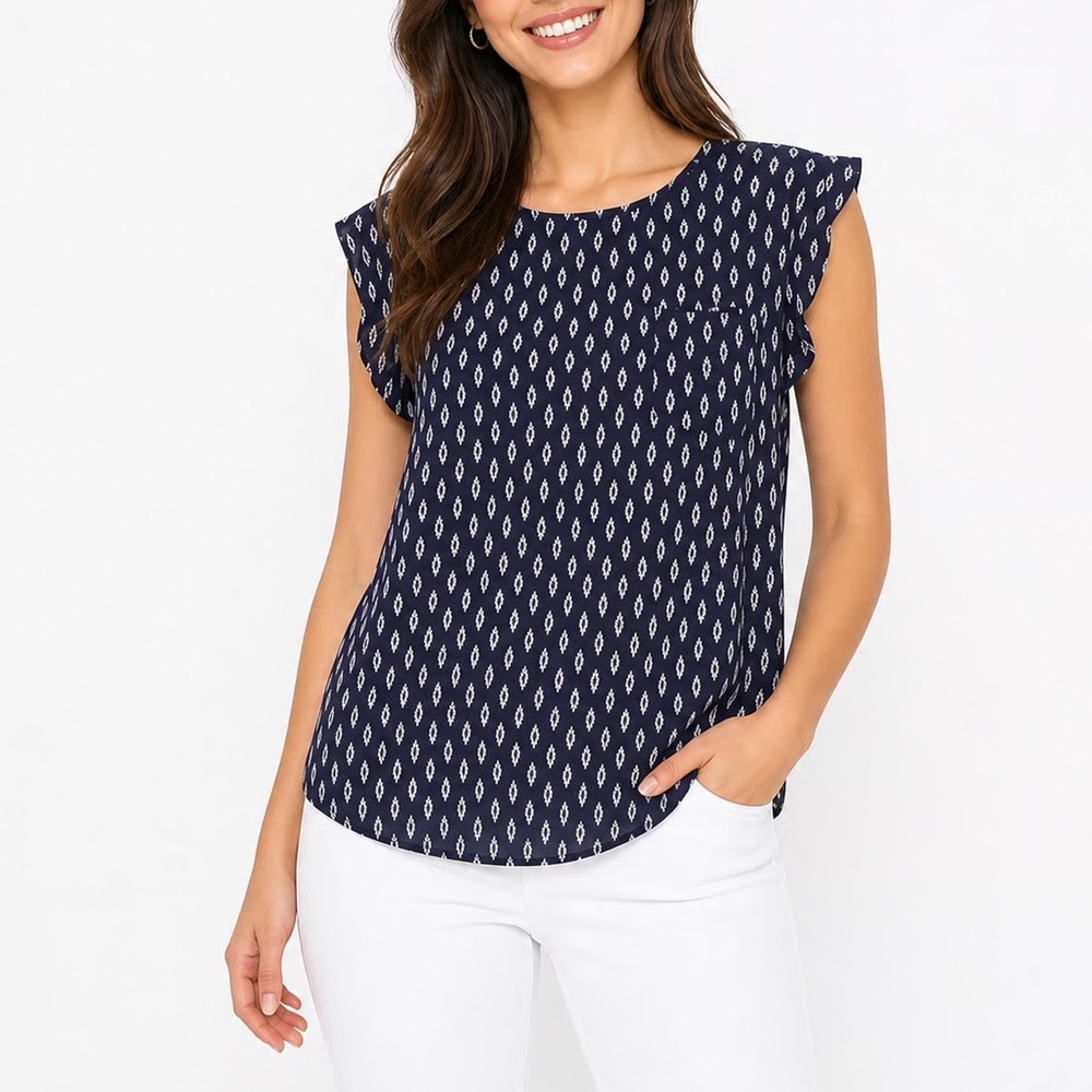 Alice Blue Top Women's M Navy Blue Geometric Diamond Cap Sleeve NEW